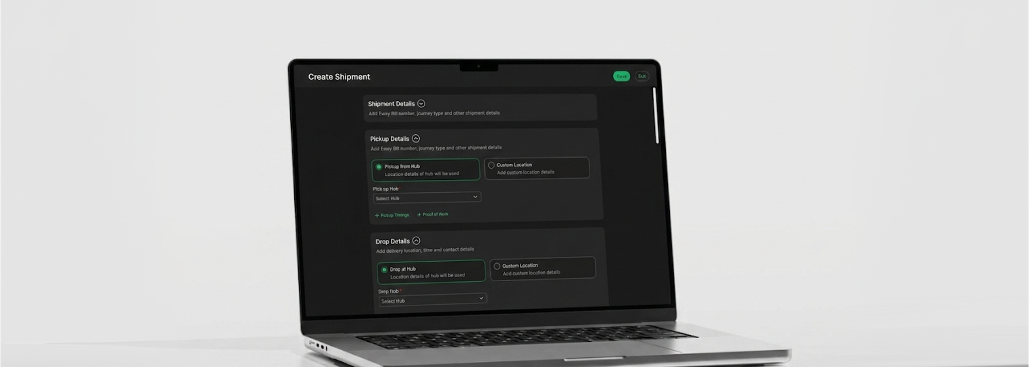 Create Shipment unified form on laptop