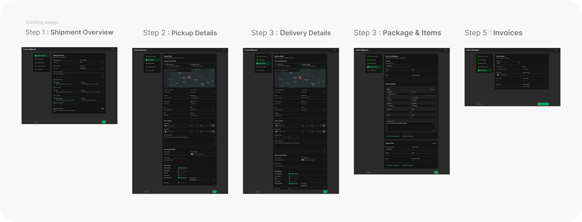 Existing Shipment Creation Form — 5 steps